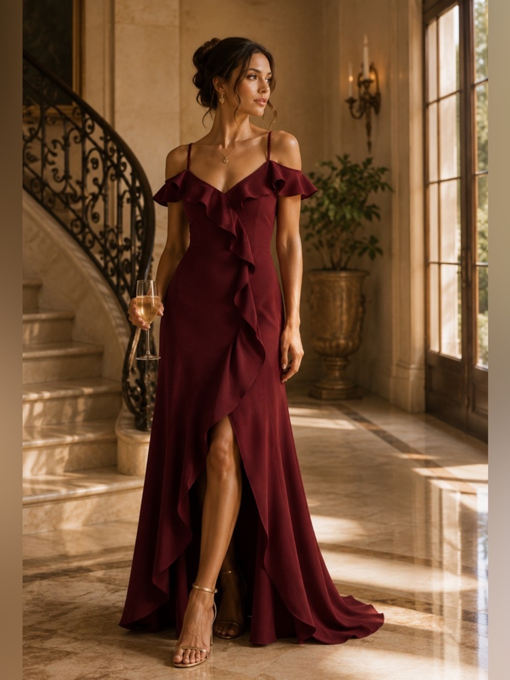 BHLDN Anthropologie Lafayette Ruffle Off Shoulder Burgundy Bridesmaid Gown 18